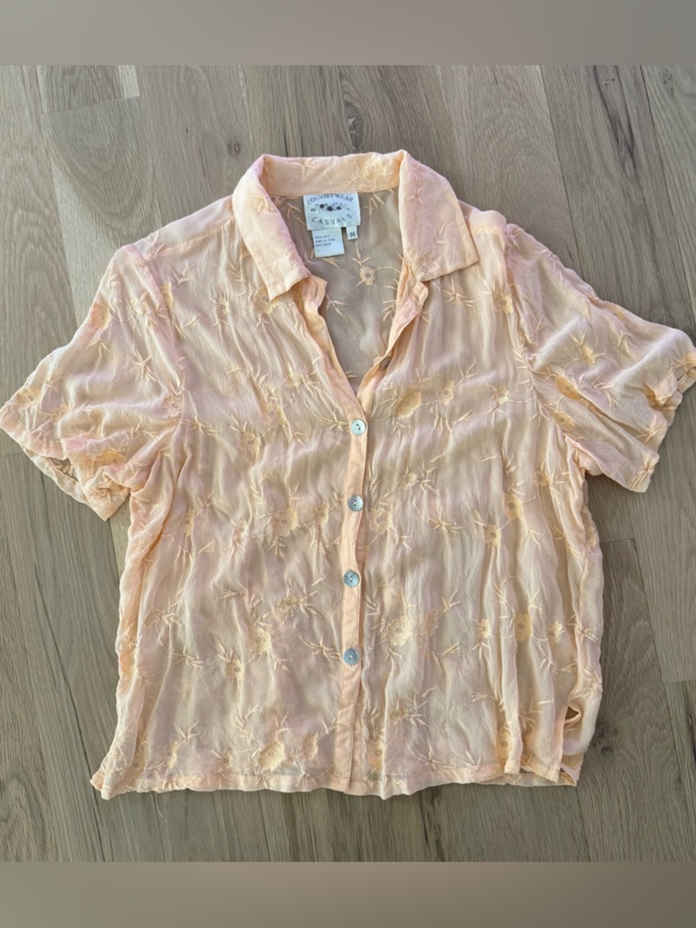 Vintage 100% Silk Light Weight Peach Embroidered Button-Up Women’s Top